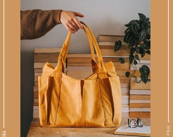 Tote Bag with Pockets & Zip | Workaday Tote in Mustard Yellow | Large Utility Shoulder Market Tote | Akebia