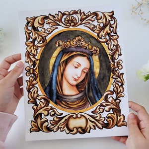 Traditional Catholic Art, Our Lady of the Bowed Head, Catholic Watercolor Prints