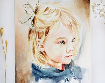 Hand-Painted Child Portrait, 9x12" Watercolor Painting, Personalized Gift