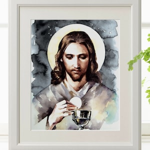 Puede incluir: Una pintura de acuarela de Jesucristo sosteniendo una copa y una hostia. Est&aacute; representado con cabello largo casta&ntilde;o y barba, vistiendo una t&uacute;nica blanca. El fondo es una acuarela de color azul oscuro y gris.