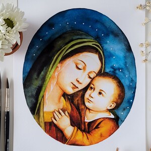 Madonna with child, Religious Watercolor Art Print, Catholic Nursery Decor