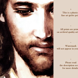Puede incluir: Un primer plano de una pintura de acuarela de la cara de un hombre. La pintura est&aacute; en tonos marrones y beige, y los ojos del hombre est&aacute;n cerrados. El texto "This is a physical fine art gicl&eacute;e print. All prints are printed on archival quality art paper. Watermark will not appear in your print. Please read the description section for more details." es visible en el lado derecho de la imagen.