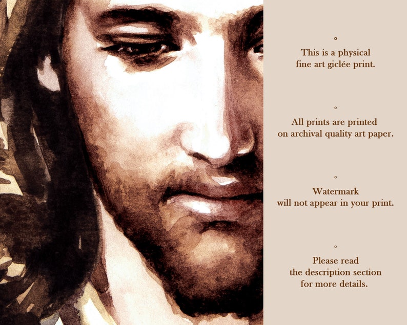 Puede incluir: Un primer plano de una pintura de acuarela de la cara de un hombre. La pintura est&aacute; en tonos marrones y beige, y los ojos del hombre est&aacute;n cerrados. El texto "This is a physical fine art gicl&eacute;e print. All prints are printed on archival quality art paper. Watermark will not appear in your print. Please read the description section for more details." es visible en el lado derecho de la imagen.
