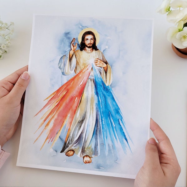 Christ la divine miséricorde, aquarelle d'art catholique, peinture de Jésus-Christ pour cadeau de dévotion