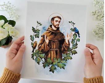 St Francis of Assisi Watercolor, Catholic Fine Art Print, Vintage Religious Gift.