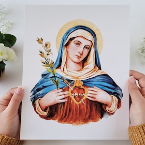 Immaculate Heart of Mary Print, Virgin Mary Original Watercolor, Catholic Art Prints