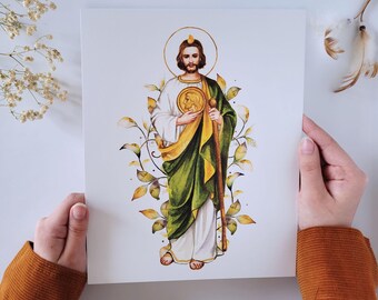 Lámina de acuarela de San Judas Tadeo, arte católico de santos, patrón de la esperanza.