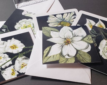 Beautiful, original art 3” Square Gift Cards From Joni Silva's White Flower Collection