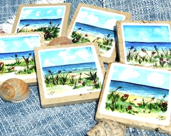 Beautiful 6 Piece Set of Travertine Stone Coasters from the Jones Beach Collection