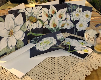 Set of 6 Blank Note Cards in the Beautiful White Flower Series.