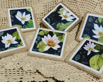 Beautiful 6 Piece Set of Travertine Stone Coasters from the Lily Pad Collection