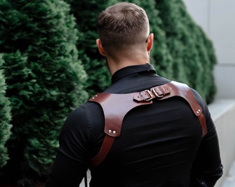 Fashion Harness Brown Leather Back & Chest Harness for men, Groomsmen  Suspenders Wedding party outfit