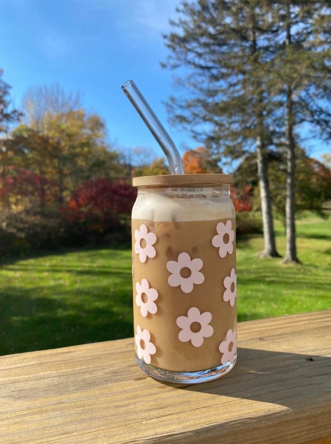 Coffee Cup Iced Coffee Glass Floral Glass Can with Lid Straw - Inspire  Uplift