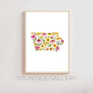 Iowa Blumen Karte druckbare Wandkunst, Aquarell Blumen Zustand Druck Poster, digitaler Download Wohnkultur für Büro, Wohnzimmer Iowa Geschenk