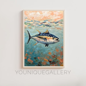 Puede incluir: Una pintura de un atún de aleta amarilla nadando en agua azul con un cielo color melocotón en el fondo.