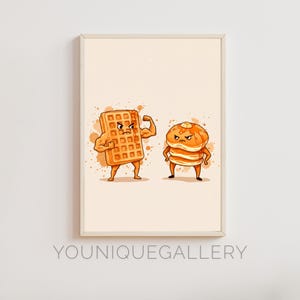 Waffle vs Pancake Battle Print | Funny Breakfast Food Fight Art | Kitchen Wall Decor | Brunch Lover Gift | Digital Download