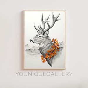 Druckbare Hirsch Herbst Blätter Bleistift Skizze Wand Kunst Dekor, digitaler Download Poster Druck, elegante Büro Einrichtung