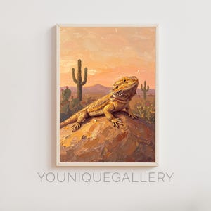 Bearded Dragon Druckbare Wandkunst, Wüste Eidechse Malerei, Südwesten Tier Dekor, Reptilienliebhaber Digitaler Download, Kaktus Sonnenuntergang Poster