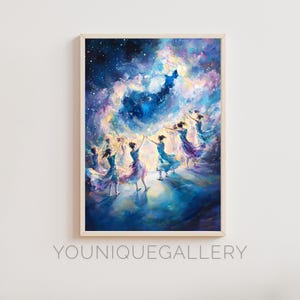 Celestial Dancers druckbare Malerei, Sternennacht Ballett Wandkunst, verträumte Galaxie digitaler Download, ätherische Bewegung Poster Dekor