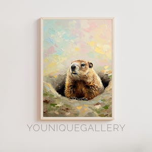 Cute Groundhog Impasto Painting Printable, Marmot Wall Art for Kids Room, Animal Nature Decor, Digital Download Wildlife Print