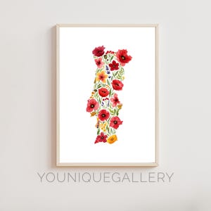 Portugal Country Map Floral Outline Painting Printable, Lavender Poppy Watercolor Art, Portuguese Decor Gift Digital Download