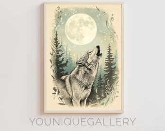 Wolf Howling at Moon Vintage Art Print: Calming Forest Decor (Digital Download)