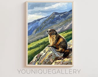 Stampa artistica con paesaggio montano di marmotte: arredamento rustico per baite (download digitale)