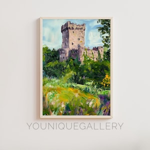 May include: A painting of a stone castle with a tower, surrounded by green trees and a field of yellow and purple wildflowers. The castle is painted in shades of gray and brown, while the trees are a vibrant green. The wildflowers are a mix of yellow, purple, and white.