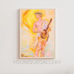 以下が含まれることがあります： 頭の上に葉の輪をつけた人が弦楽器を演奏している絵画。その人は白いローブを着て、黄色の背景の前に立っている。