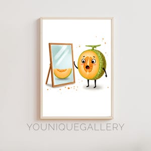 Funny Melon Printable Art - Melon Looking in Mirror, Quirky Fruit Illustration, Humorous Kitchen Wall Decor, Digital Download