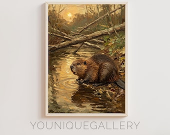 Dipinto al tramonto sul fiume Beaver: arte rustica della fauna selvatica (download digitale)