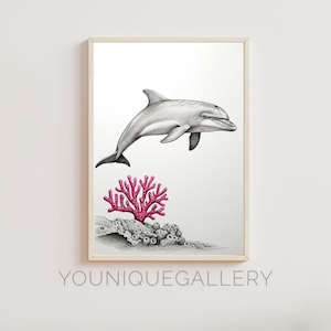 Delfin pink Koralle Bleistift Skizze Kunst, Wand Dekor, beruhigendes Badezimmer Dekor, Kunstdruck Poster, Kunstdruck