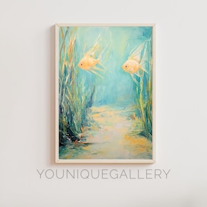 Cuadro imprimible submarino de pez ángel, arte mural tropical oceánico, descarga digital costera serena, póster de vida marina, impresión de decoración acuática