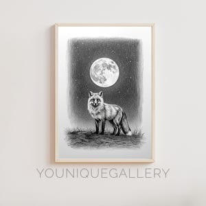 Druckbare Mond Fuchs Bleistift Skizze Wand-Kunst-Dekor, digitaler Download Poster-Druck, mystische Schlafzimmer Kunst