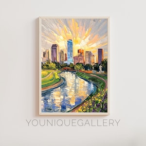May include: A painting depicting a cityscape with a river winding through it. The city is rendered in a vibrant palette of blues, greens, and yellows, with a bright sun shining down on the scene. The river is a deep blue, reflecting the sky and the buildings. The painting is framed in a white frame.