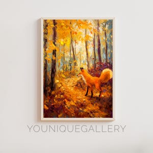 Druckbare Herbst Fuchs Wald Öl Gemälde, Kunst, Dekor, digitaler Download Poster, gemütliches Wohndekor