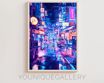 Neon City Street peinture imprimable, impression d'Art paysage urbain pluvieux, téléchargement numérique Cyberpunk