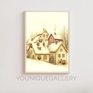 Vintage Snowy Village Art Print, Cozy Christmas Town Illustration, Winter Wonderland Printable Wall Art, Holiday Digital Download