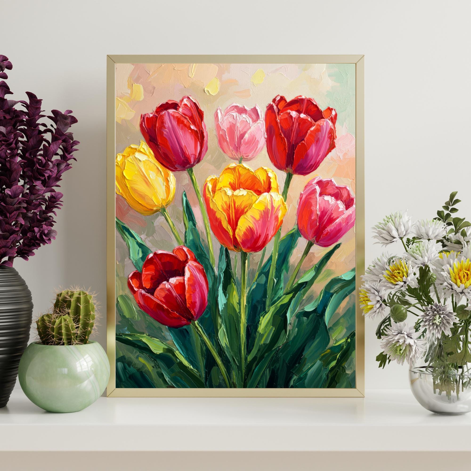 カラフルなチューリップの油絵：印象派の花の芸術（デジタル
