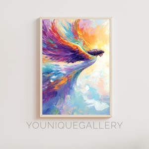 May include: Abstract painting of a woman with colorful wings, flying through a bright sky. The woman's hair is long and dark, and her wings are a mix of purple, blue, orange, and yellow.