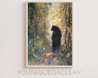 Bear in Woods Oil Painting Print: Calming Forest Animal Art (Digital Download)