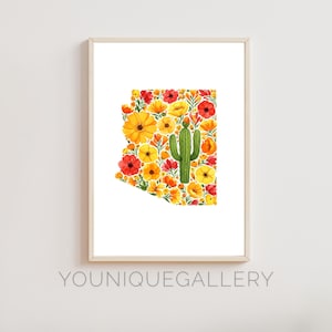 Arizona State druckbare Wandkunst, Aquarell Wüste Blumendruck, Saguaro Kaktus Dekor, Southwest Pride digitaler Download, Haus-Büro-Poster