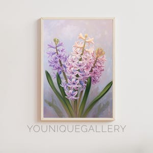 Hyacinth Floral Wall Art, Spring Flower Oil Painting, Purple Pink Botanical Print, Digital Download, Home Decor Printable