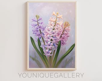 ヒヤシンスの花瓶の水彩画：春の花のアートプリント（デジタル