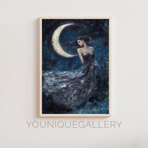 Selene Mondgöttin Wandkunst, Himmlische Nacht Malerei Druck, ätherisches Blau Poster, Schlafzimmer Dekor druckbare, Sternenklare weibliche Kunst