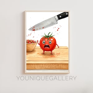 Impresión divertida de tomate, arte mural de cocina, ilustración de comida tierna, decoración humorística de chef, descarga digital de acuarela