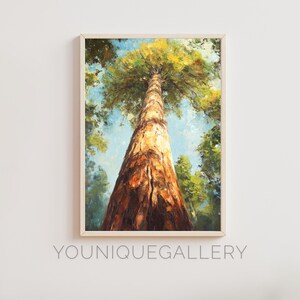 May include: A painting of a large tree trunk with a rough bark texture. The tree is painted in shades of brown, orange, and yellow. The background is a blue sky with green foliage.