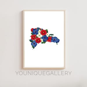 Carte du pays République dominicaine contour floral peinture imprimable, couleurs du drapeau aquarelle, cadeau décoration dominicaine à télécharger