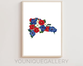 Dominican Republic Country Map Floral Outline Painting Printable, Flag Colors Watercolor Art, Dominican Decor Gift Download