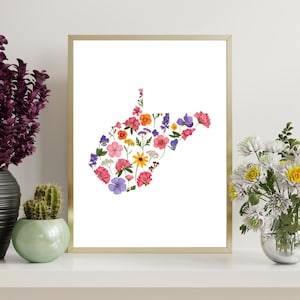 West Virginia Floral Map druckbare Wandkunst, Rhododendron Aquarell Druck Poster, digitaler Download Mountain State Dekor WV Geschenk Zuhause